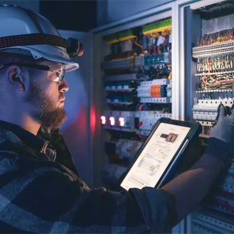 Electrician focused on work in switchboard with fuses, using tablet. Electrical engineer in special clothes with flashlight on helmet in dark room with emergency lights in background.